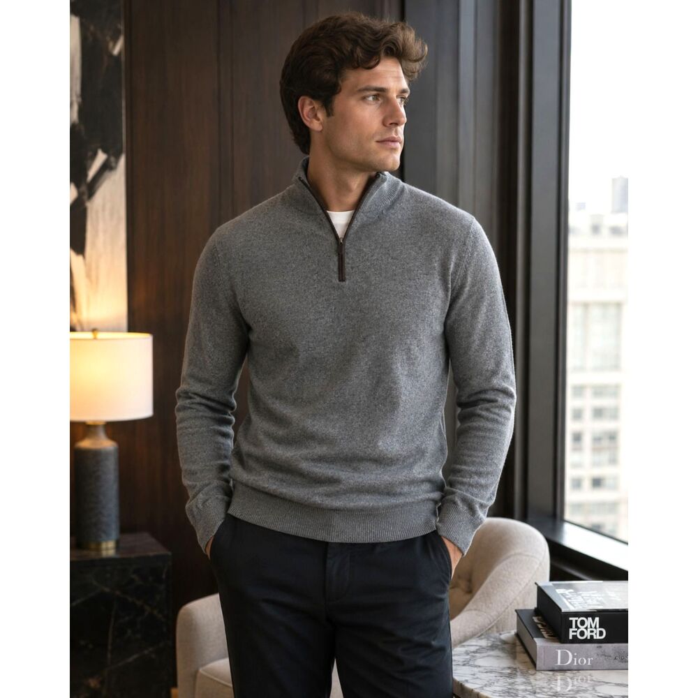 The Mens Store Bloomingdales Gray Cashmere 1/4 Zip Pullover Top  Mens Size Large